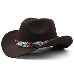 Dark brown felt western cowboy hat featuring a turquoise beaded ethnic woven band