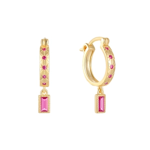 Close-up of S925 silver gold-plated hoop earrings with pink zircons and rhombic patterns