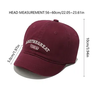 Detailed size chart for a cotton baseball cap with embroidered lettering for head circumference