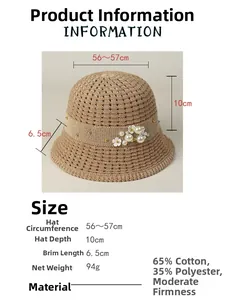 Detail of hollow-out straw hat showing dimensions and cotton blend material