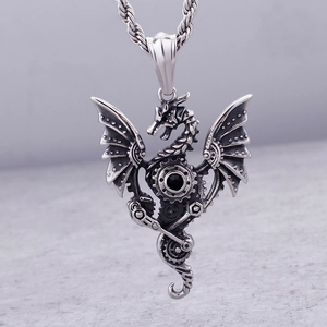 Steampunk silver dragon pendant with black gem and mechanical gear details on a chain