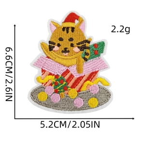 Christmas cartoon cat embroidered patch with tree and snowflake details, 6.6cm height