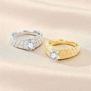 Titanium steel ring set with cubic zirconia stones featuring a unique brick pattern texture
