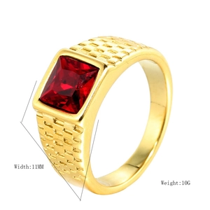 Gold stainless steel men's ring with square red gemstone, 11mm width and 10g weight