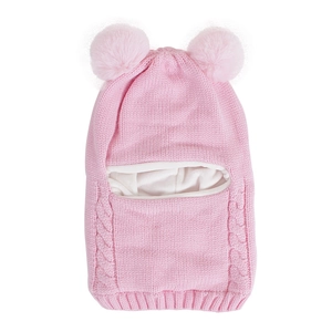 Pink knit baby hat with double pom poms and fleece lining for winter warmth