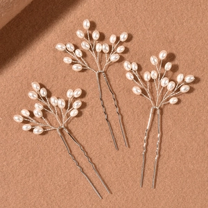 Set of three handmade silver bridal hairpins with pearl branch design for wedding hairstyles