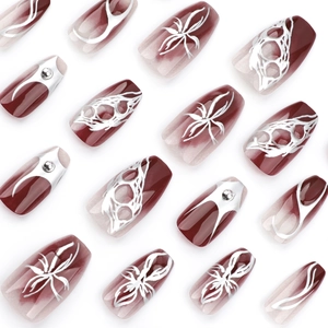Short ballet press-on nails with dark red gradient and silver flame wire textures
