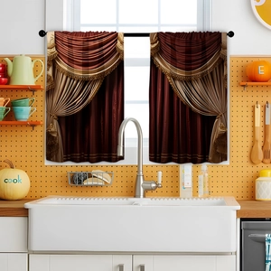 Detail of 2pcs burgundy kitchen tiers with elegant 3D printed patterns and tassel fringes