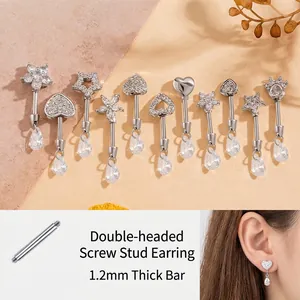 Cartilage Piercing Earring Titanium Steel Zircon Heart Star Flower Water Drop Pendant Screw Ball Back Stud Jewelry For Women