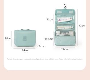 Detail of hanging waterproof toiletry bag showing internal mesh pockets and dimensions