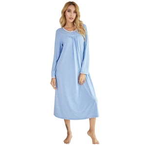 Light blue long sleeve cotton nightgown for women with delicate white lace trim
