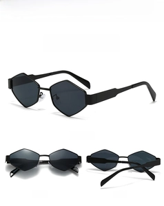 Múltiples vistas de gafas de sol hexagonales negras con patillas anchas de moda