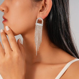 Silver dangling tassel earrings with sparkling rhinestones worn on a model's ear