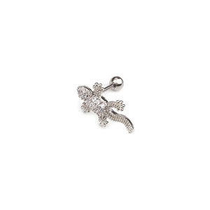 Silver gecko cartilage earring with sparkling zircons and screw back stainless steel stud