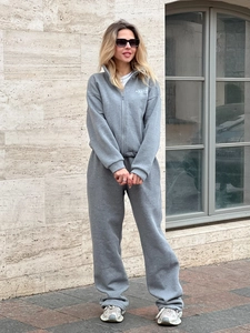 Brooklyn Letter Print Zip Up Hoodie And Pants Casual Retro Sporty Tracksuit Women Cotton Knit Grey