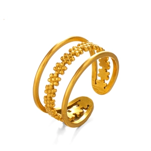 Gold multi-layer stainless steel ring with elegant bead textures in a minimalist style