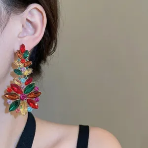 Exaggerated floral drop earrings with colorful marquise crystals and retro bohemian design