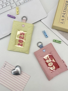 Quilted heart card holder in green and pink with D-ring buckle and transparent PVC window