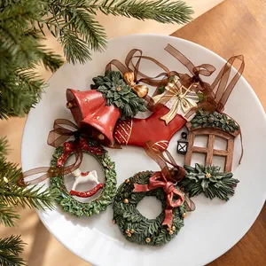 5-piece Nordic vintage resin Christmas ornaments set with tree, bell and horse charms