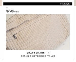Detail view of beige corduroy fabric texture and zipper on trendy crossbody bag