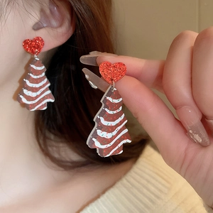 Christmas gingerbread tree earrings with red glitter hearts on silver needles
