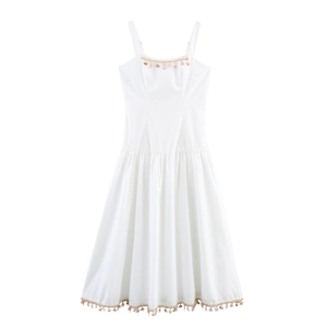 Women White Maxi Dress Sleeveless Beach Vacation Bohemian Solid Color With Shell Starfish Chain And Fringe Hem