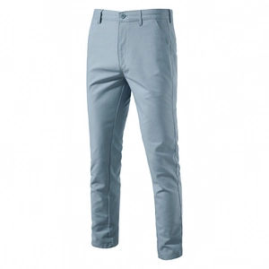 Detailed view of light blue linen-blend pants featuring precise stitching and texture