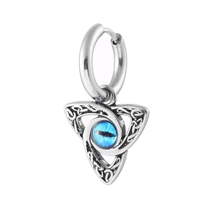 Macro shot of 316L stainless steel hoop earring with Celtic knot and blue evil eye bead