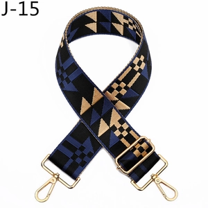 Macro shot of wide geometric patterned bag strap with golden rotating metal buckles