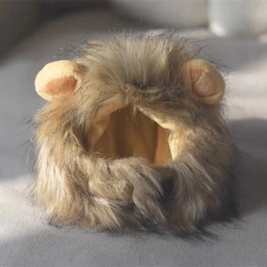 Detailed close-up of fluffy lion mane wig for cats with soft faux fur and ears