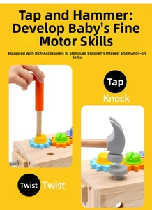 Détail de la boîte à outils Montessori en bois avec engrenages colorés pour enfants