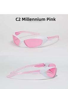 Detail view of white Y2K sports sunglasses with Millennial Pink C2 lenses