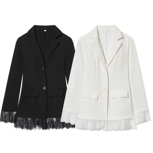 Women Elegant Lace Patchwork Blazer Long Sleeve Single Breasted Polyester Office Lady Jacket Outwear
