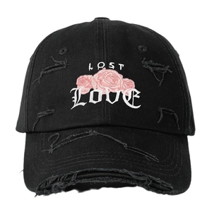 Distressed black cotton baseball cap with LOST LOVE embroidery and pink rose details