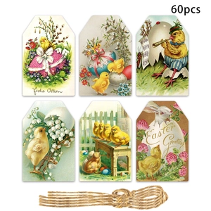 Vintage Easter gift tags set with rustic twine showing 6 different hand-drawn illustrations