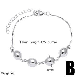 Detail of silver beaded bracelet showing 175+50mm chain length and 8mm bead size