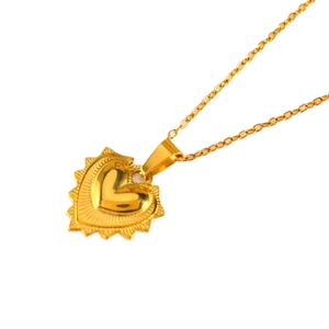 Elegant gold heart pendant necklace with sunburst texture in polished stainless steel