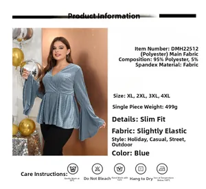 Detail of blue V-neck top showing textured knit fabric and flared bell sleeve style