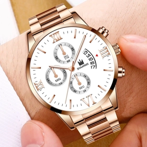 Detail of rose gold SHAARMS men's watch featuring a white dial with chronograph sub-dials