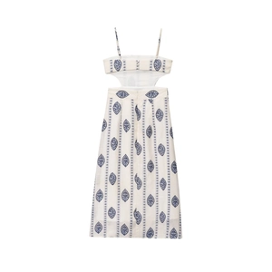 Women's off-white midi dress with navy embroidery and cutout details for summer 2025