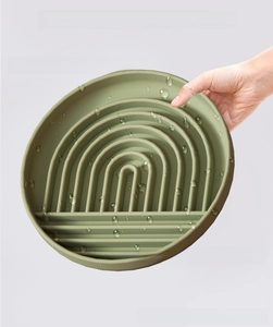 Deep green food-grade silicone pet slow feeder bowl with rainbow pattern design