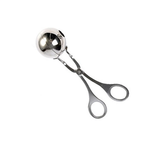 Stainless steel meatball maker tool with scissor-style handle and spherical mold head