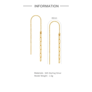 Detail of 65mm S925 sterling silver tassel earrings with golden paperclip link design