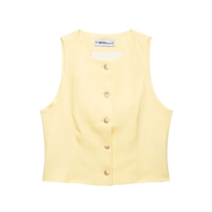 Women's pale yellow linen blend vest with single-breasted buttons and high-waist shorts