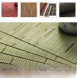 Detail of woven vinyl placemats showing heat-sealed edges and textured bamboo pattern