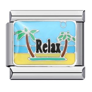 Italian modular charm in stainless steel featuring a beach scene and Relax engraving