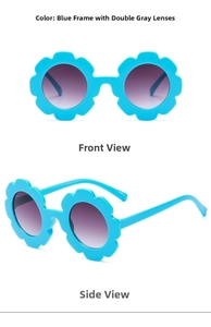 Detail view of light blue flower-shaped sunglasses for kids with purple gradient lenses