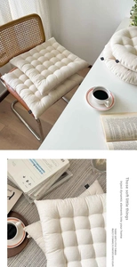 Close-up of cream white thickened cotton linen seat cushion with 9-grid quilting detail