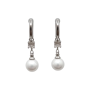 Elegant French style pearl drop earrings with square zircon and silver metal hooks