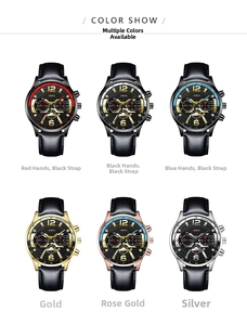Color options of Geneva men's watches with leather straps and large tachymeter dials
